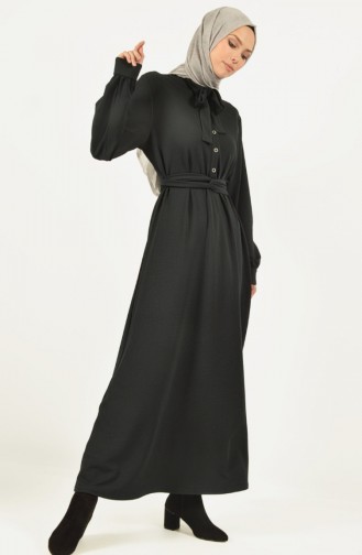 Düğmeli Kuşaklı Elbise 1446-01 Siyah 1446-01