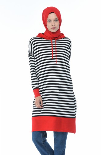 İnce Triko Çizgili Tunik 1350-01 Kırmızı