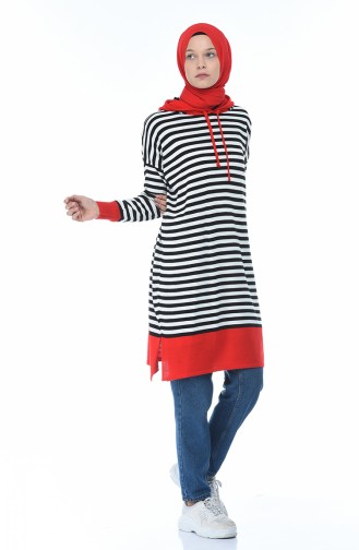 İnce Triko Çizgili Tunik 1350-01 Kırmızı