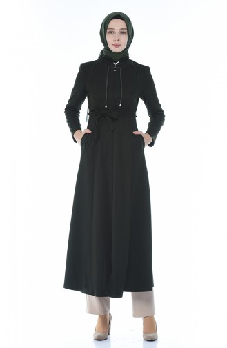 Zippered Belted Abaya Khaki 8213-01