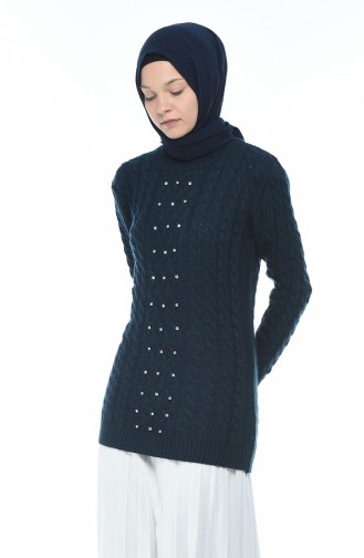 Tricot Sweater Decorated With Stones Navy blue 8037-10