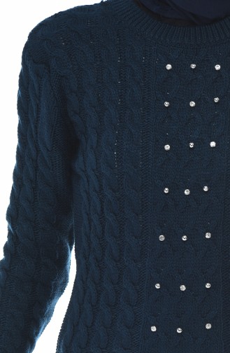 Tricot Sweater Decorated With Stones Navy blue 8037-10