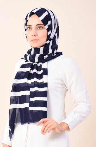 Patterned Cotton Shawl Navy Blue Ecru 901542-07