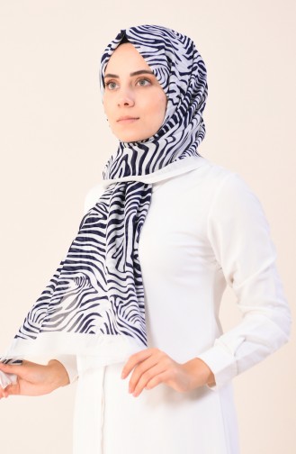 Patterned Cotton Shawl Ecru Navy Blue 901543-07