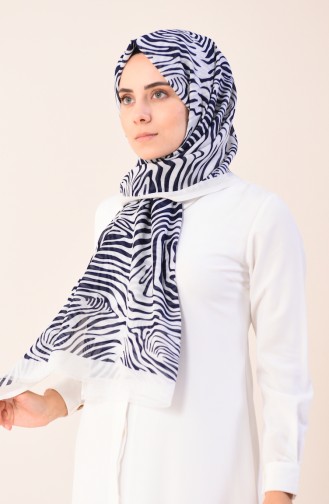 Patterned Cotton Shawl Ecru Navy Blue 901543-07