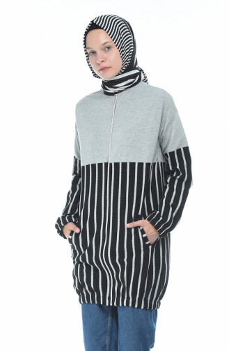 Zippered Striped Sweatshirt Gray 1586-02