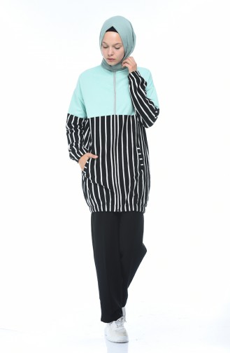 Zippered Striped Sweatshirt Mint Green 1586-03