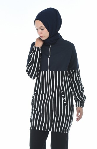 Zippered Striped Sweatshirt Navy blue 1586-04