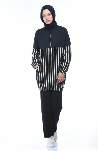 Zippered Striped Sweatshirt Navy blue 1586-04