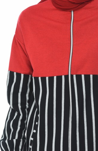 Zippered Striped Sweatshirt Red 1586-05