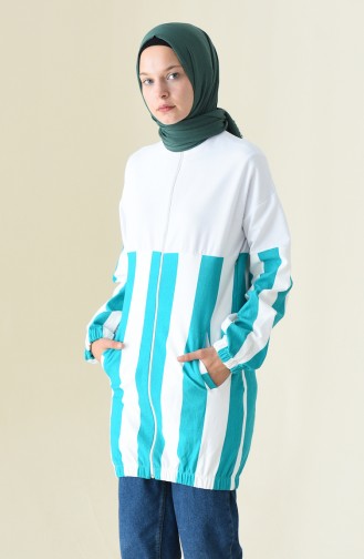 Zippered Striped Sweatshirt White Green 1587-01