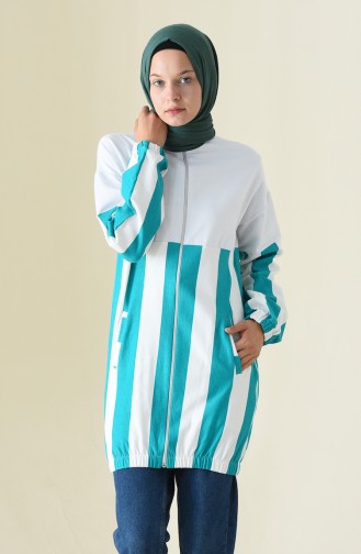 Zippered Striped Sweatshirt White Green 1587-01