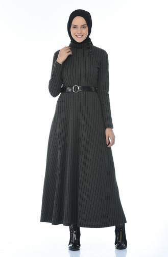 Striped Belt Dress Khaki 0326-01
