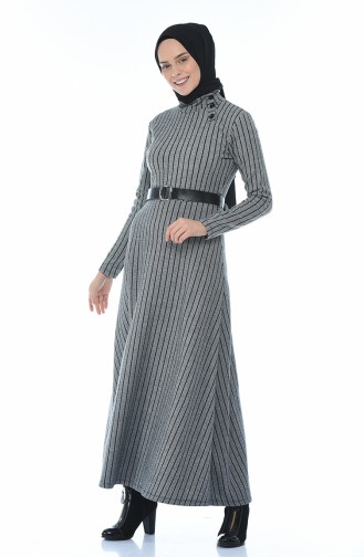 Gestreiftes Kleid mit Gürtel 0326-02 Grau 0326-02