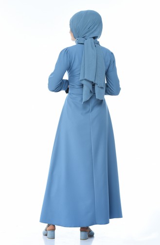 Fermuar Detaylı Kemerli Elbise 4507-08 Mavi