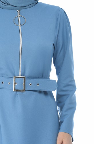 Fermuar Detaylı Kemerli Elbise 4507-08 Mavi