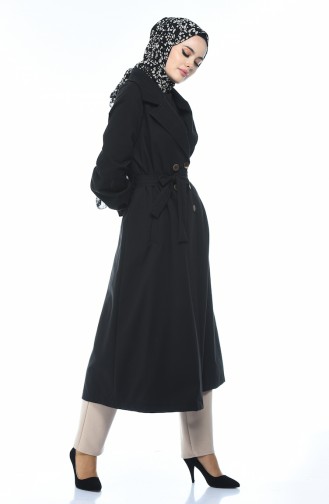 Gabardine Fabric Buttoned Trench Coat Black 1260-09