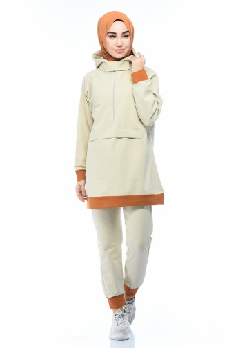 Velcro Zipper Tracksuit Set Beige 19025-05