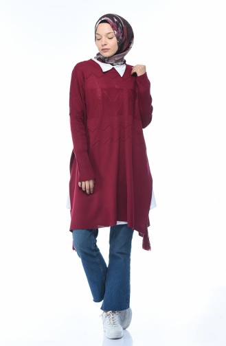 معطف تريكو تقليدي مزين أحمر كلاريت 8002-07