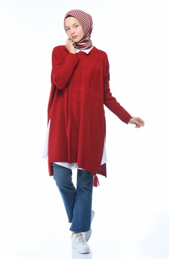 معطف تريكو تقليدي مزين أحمر 8002-09