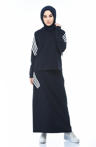 Striped Blouse Skirt Double Set Navy Blue 9111-02