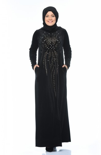فستان مخمل مزين بالستراس مقاس كبير أسود 1916-01