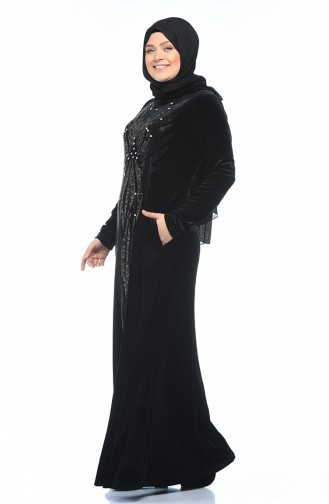 فستان مخمل مزين بالستراس مقاس كبير أسود 1916-01