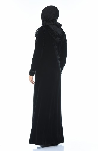 Büyük Beden Taş Baskılı Kadife Elbise 1916-01 Siyah