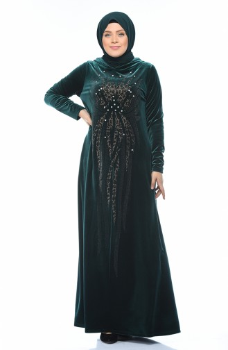 Big Size Strass Printed Velvet Dress Emerald Green 1916-02