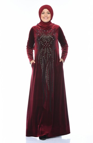 فستان مخمل مزين بالستراس مقاس كبير أحمر كلاريت 1916-04