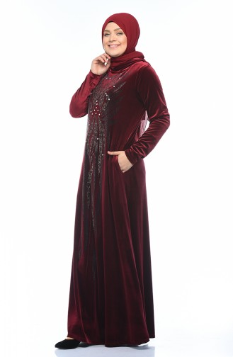 Big Size Strass Printed Velvet Dress Bordeaux 1916-04