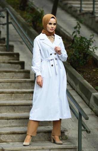 Gabardin Fabric Buttoned Trench Coat White 1260-01