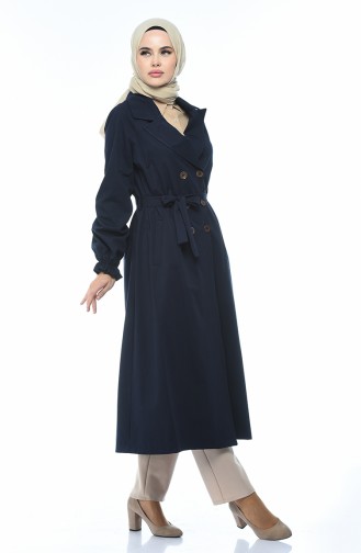 Gabardin Fabric Buttoned Trench Coat Navy Blue 1260-03