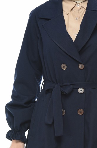 Gabardin Fabric Buttoned Trench Coat Navy Blue 1260-03