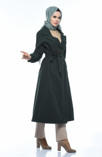 Gabardine Fabric Buttoned Trench Coat Emerald Green 1260-05