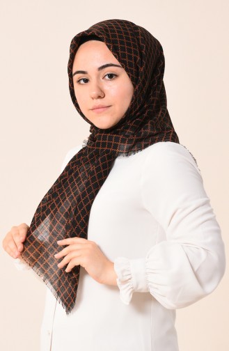 Kare Desenli Flamlı Cotton Eşarp 2123-36 Siyah Turuncu