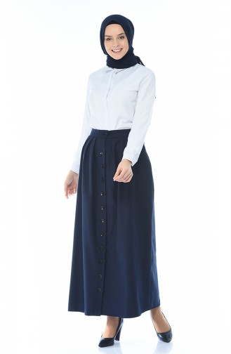 Buttoned Pleated Skirt Navy Blue 5023-02