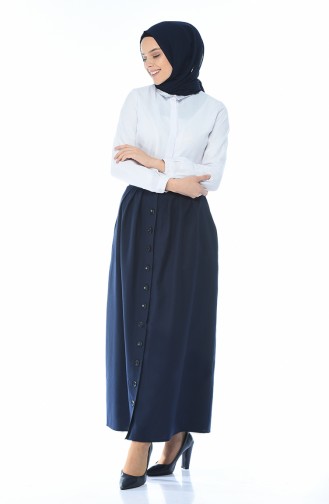Buttoned Pleated Skirt Navy Blue 5023-02