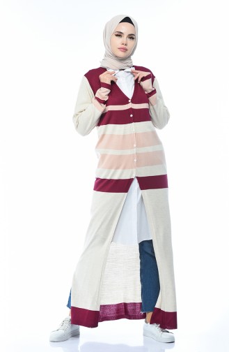 Tricot Buttoned Long Cardigan Burgundy 2271-02