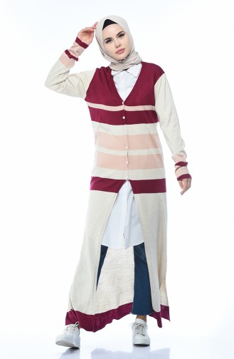 Tricot Buttoned Long Cardigan Burgundy 2271-02