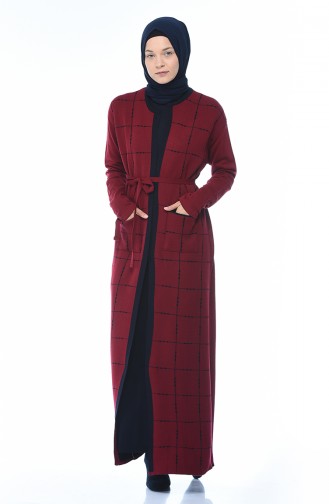 Tricot Belted Cardigan Dress Double Set Bordeaux 0607-02