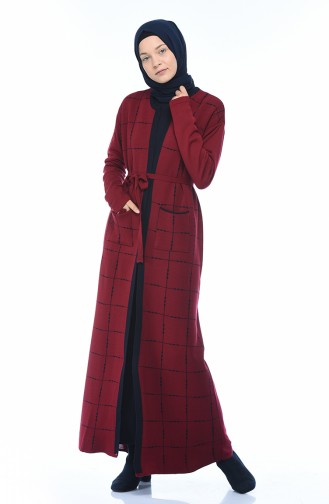 Tricot Belted Cardigan Dress Double Set Bordeaux 0607-02
