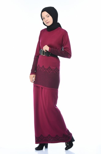 Tricot Tunic Skirt Double Set Burgundy 2269-03