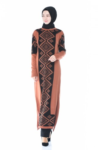 Tricot Patterned Long Tunic Brick 0701-01