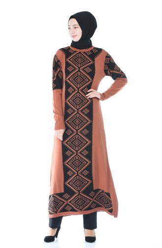 Tricot Patterned Long Tunic Brick 0701-01