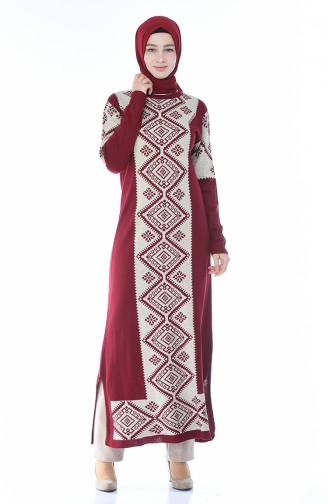 Tricot Patterned Long Tunic Bordeaux 0701-02