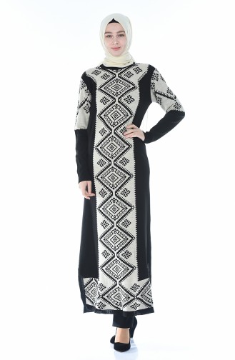Tricot Patterned Long Tunic Black 0701-03