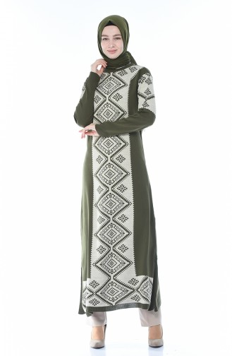 Tricot Patterned Long Tunic Khaki 0701-05