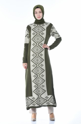 Tricot Patterned Long Tunic Khaki 0701-05