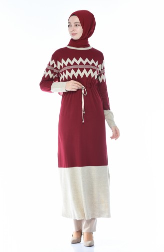 Tricot Waist Pleated Long Tunic Bordeaux 0702-01